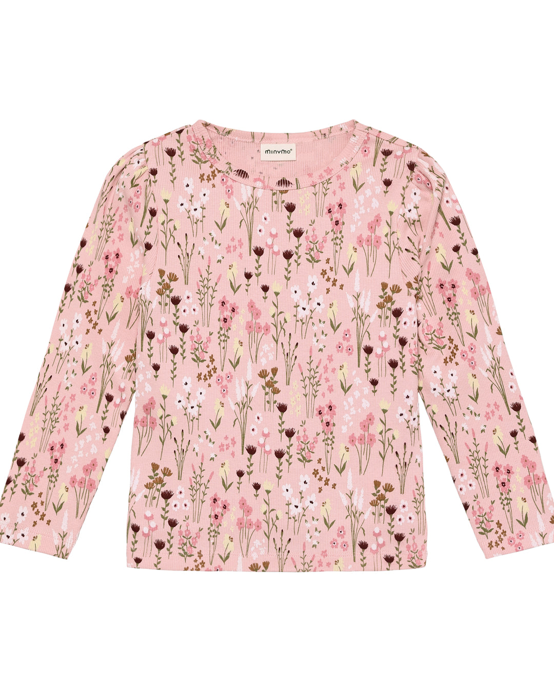 Minymo Lífræn Rifflaður Bolur með Blómamynstri - Silver Pink
